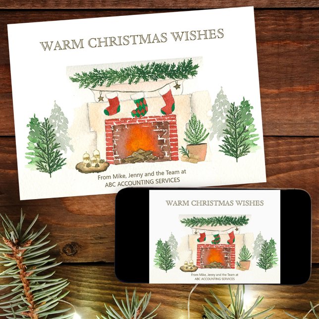 Warm Christmas Wishes Forest and Cozy Fireplace Holiday Card (Cozy Fireplace Christmas Card. Buy professionally printed or as a printable digital download.)