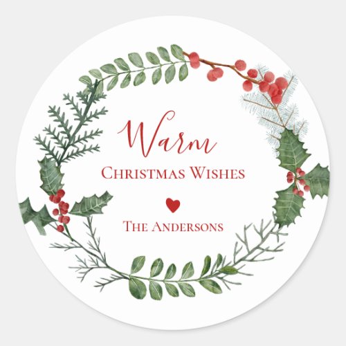 Warm Christmas Wishes Watercolor Holiday Wreath Classic Round Sticker
