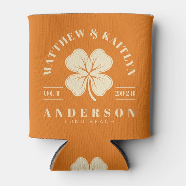 Warm Citrus Irish Lucky Clover Wedding Crest Can Cooler (Front)