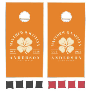 Warm Citrus Irish Lucky Clover Wedding Crest Cornhole Set