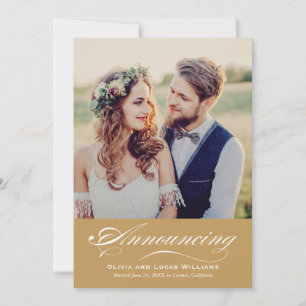 Warm Cognac Calligraphy Photo Reception Announcement