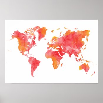 Warm Colored Watercolor World Map Poster by fireflidesigns at Zazzle