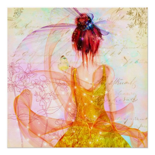 Warm Colors Girl and Butterfly Floral and Script Poster