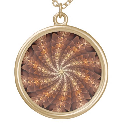 Warm Colors Trippy Modern Fractal Art Pattern Gold Plated Necklace
