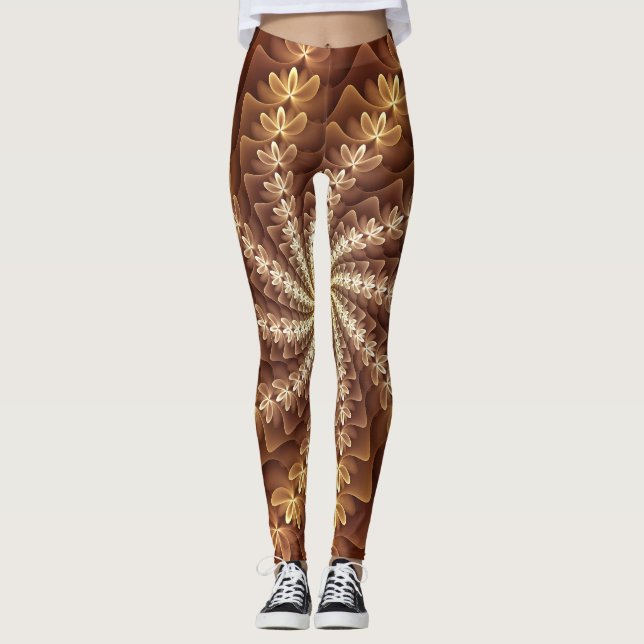 Warm Colors, Trippy Modern Fractal Art Pattern Leggings (Front)