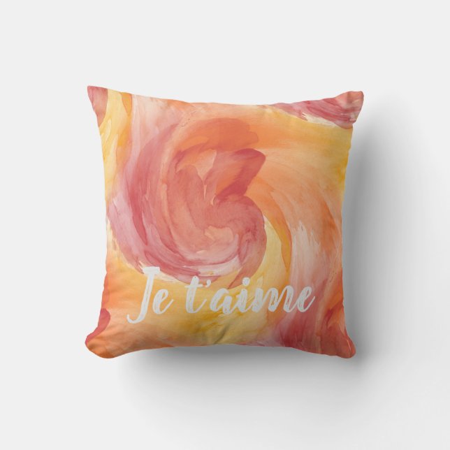 Warm Coral Je Taime Abstract Throw Pillow (Front)