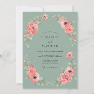 Warm Coral Peony Mint Wedding Invitation