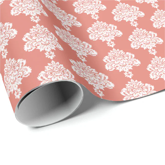 Warm Coral White Damask Wrapping Paper Zazzle