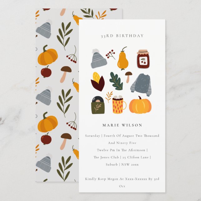 Warm Cozy Autumn Essential Any Age Birthday Invite (Front/Back)
