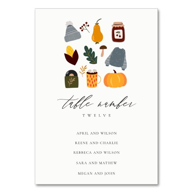 Warm Cozy Autumn Essential Wedding Seating Chart Table Number (Front)