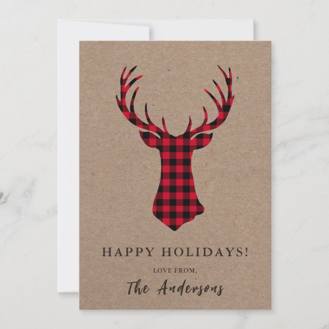 Warm Cozy Deer Kraft Plaid Christmas Holiday Card (Front)