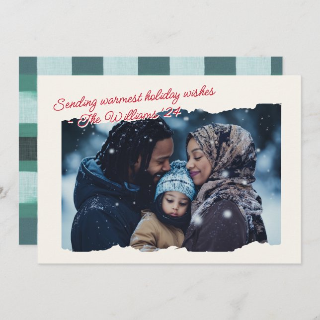 Warm Cozy Plaid Modern Photo Script  Holiday Card (Front/Back)