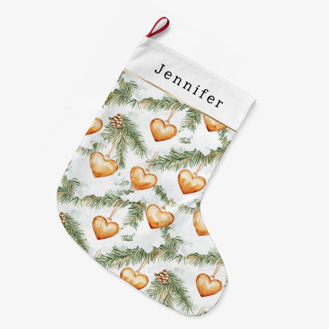 Warm Creamy Caramel Hearts Christmas Tree Branches Large Christmas Stocking (Front (Hanging))