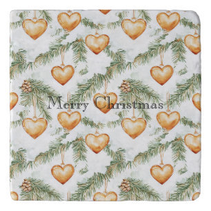 Warm Creamy Caramel Hearts Christmas Tree Branches Trivet