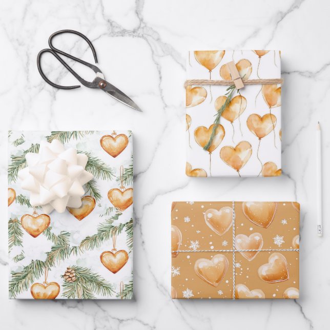 Warm Creamy Caramel Hearts Christmas Tree Branches Wrapping Paper Sheets (Front)