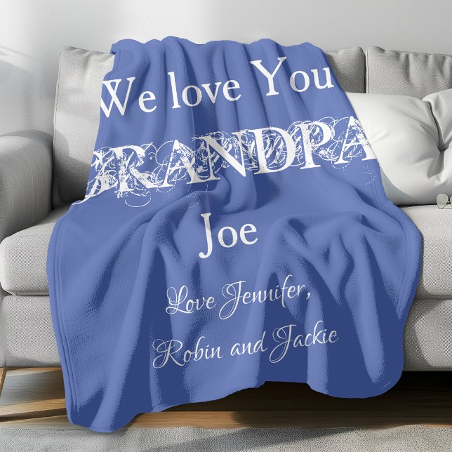 Warm & Cuddly Gift for Grandpa. Gorgeous, Custom Fleece Blanket (Personalized "We Love You Grandpa" light blue fleece blanket.)