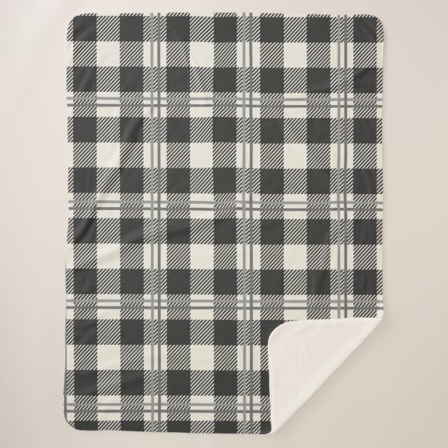 Warm Dark Gray Off White Buffalo Plaid Sherpa Blanket (Front)