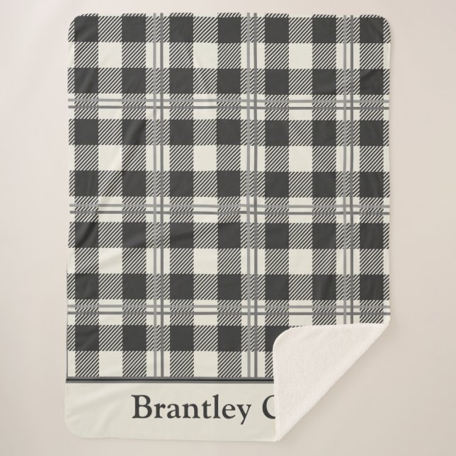 Warm Dark Gray Off White Buffalo Plaid Sherpa Blanket (Front)