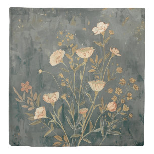 Warm Dark Gray Peach Sage Vintage Wildflower Duvet Cover