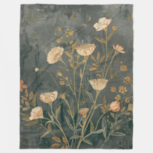 Warm Dark Gray Peach Sage Vintage Wildflower Fleece Blanket