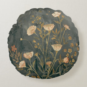 Warm Dark Gray Peach Sage Vintage Wildflower Round Pillow