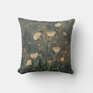 Warm Dark Gray Peach Sage Vintage Wildflower Throw Pillow