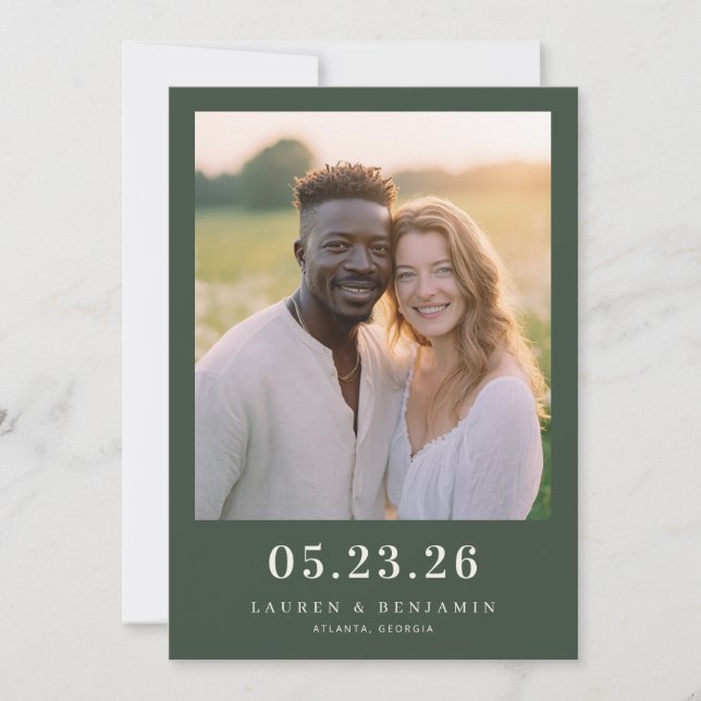 Warm Dark Green Candid Photo Save The Date (Front)