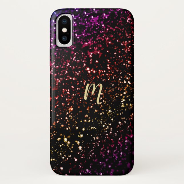 Warm Dark Rainbow Glitter Monogram iPhone X Case (Back)