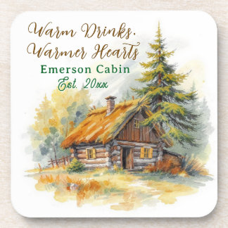 Warm Drinks, Warmer Hearts, Log Cabin Personalized Beverage Coaster