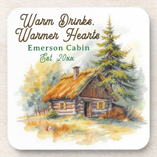 Warm Drinks, Warmer Hearts, Log Cabin Personalized Beverage Coaster (Front)