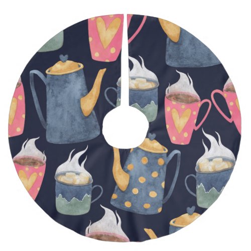Warm Drinks Watercolor Winter Pattern Brushed Polyester Tree Skirt