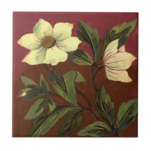 Warm Earth Colors Floral 1890s Barbotine Repro Ceramic Tile