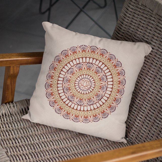 Warm Earth Tones Lotus Henna Mandala Throw Pillow (Creator Uploaded)