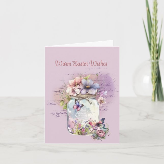 Warm Easter Wishes Jar of Flowers Butterflies Card (Front)