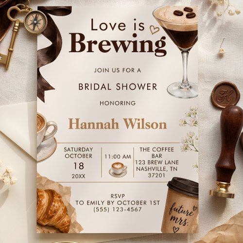 Warm Editorial Love Is Brewing Cafe Bridal Shower Invitation