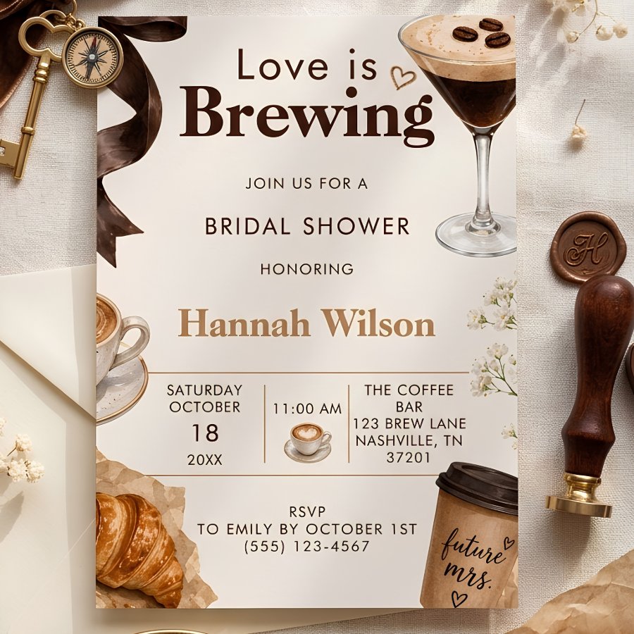 Warm Editorial Love Is Brewing Cafe Bridal Shower Invitation