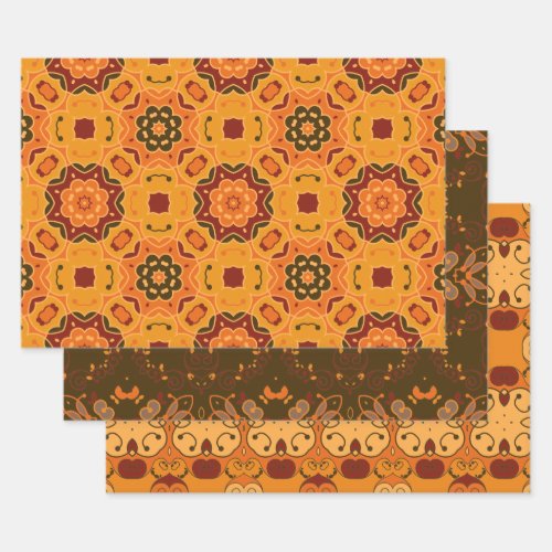 Warm Fall Autumn Colored Ethnic Mosaic Patterns Wrapping Paper Sheets
