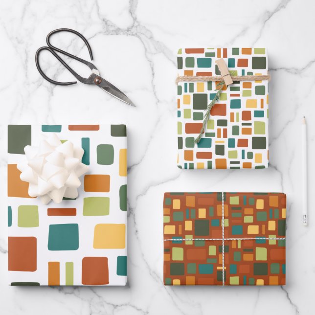 Warm Fall Colors Wonky Squares & Rectangles Wrapping Paper Sheets (Front)