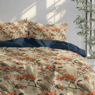 Warm Fall Duvet with Birds and Floral Accents Cover