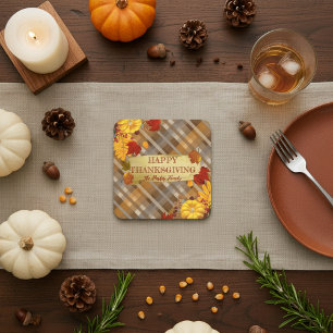 Warm Fall Pumpkins & Foliage Plaid Thanksgiving Square Paper Coaster