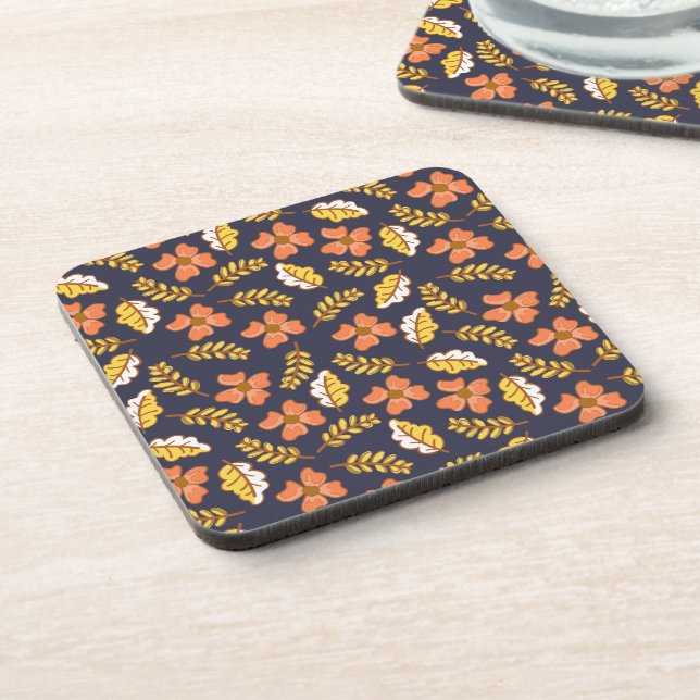 Warm Falling Autumn Leaves with Flowers Beverage Coaster (Left Side)