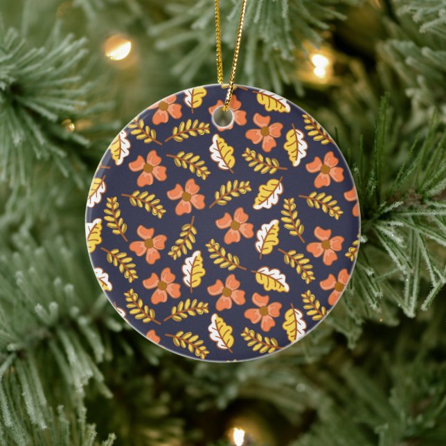 Warm Falling Autumn Leaves with Flowers Ceramic Ornament (Tree)