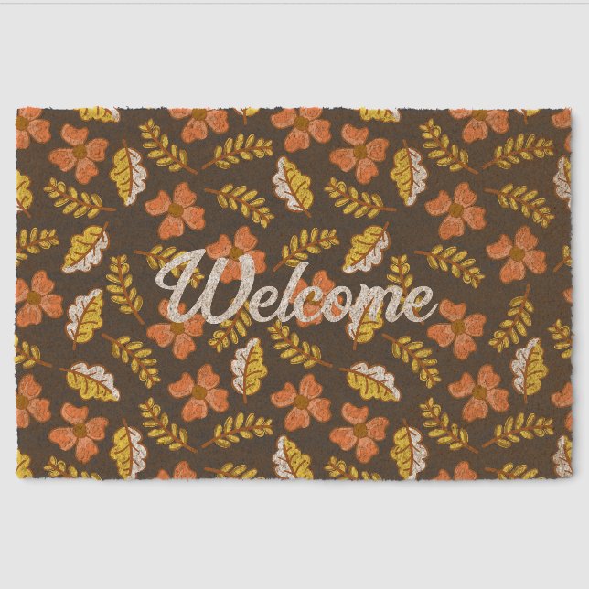 Warm Falling Autumn Leaves with Flowers Fiber Doormat (Front)