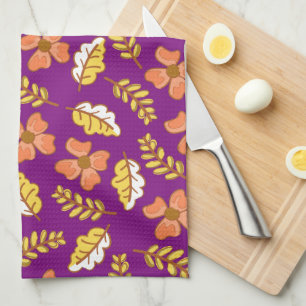 Warm Falling Autumn Leaves with Flowers Kitchen Towel