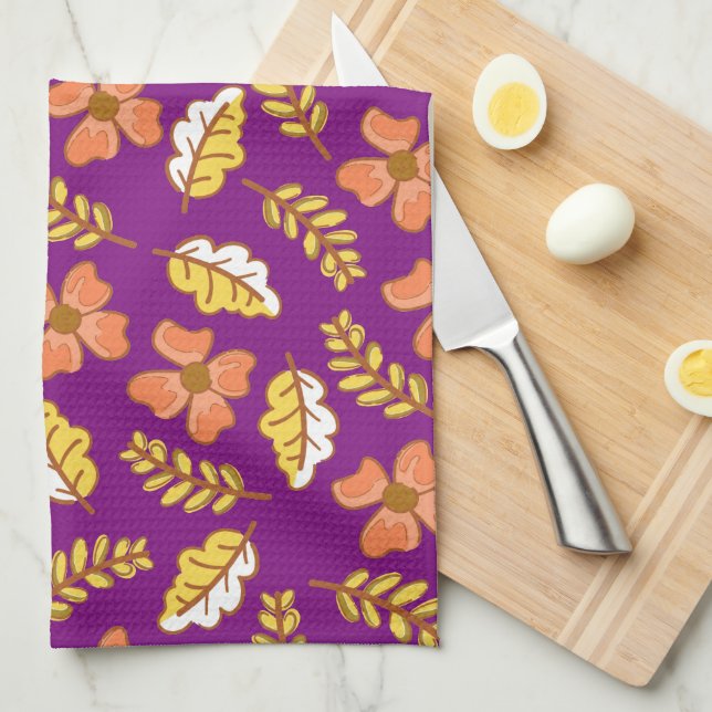 Warm Falling Autumn Leaves with Flowers Kitchen Towel (Quarter Fold)