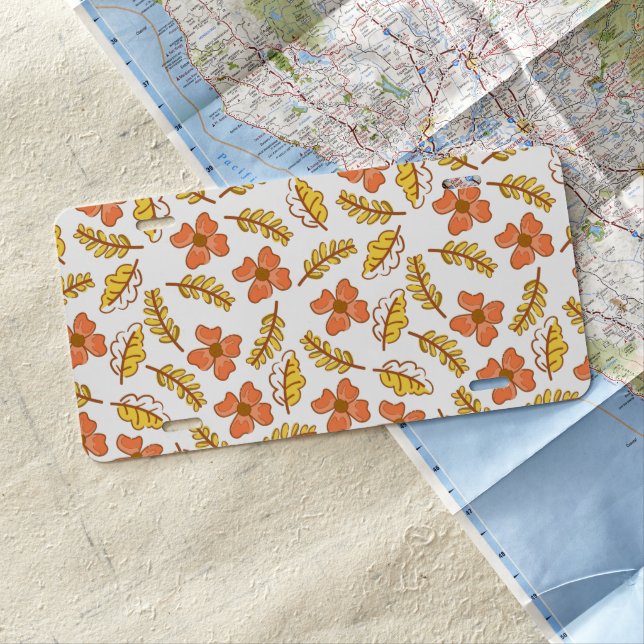 Warm Falling Autumn Leaves with Flowers License Plate (In Situ)