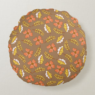 Warm Falling Autumn Leaves with Flowers Round Pillow