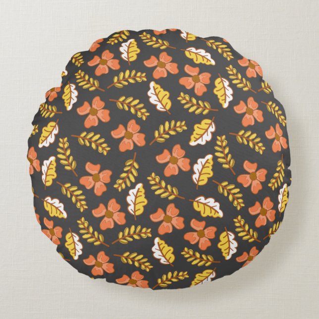 Warm Falling Autumn Leaves with Flowers Round Pillow (Front)