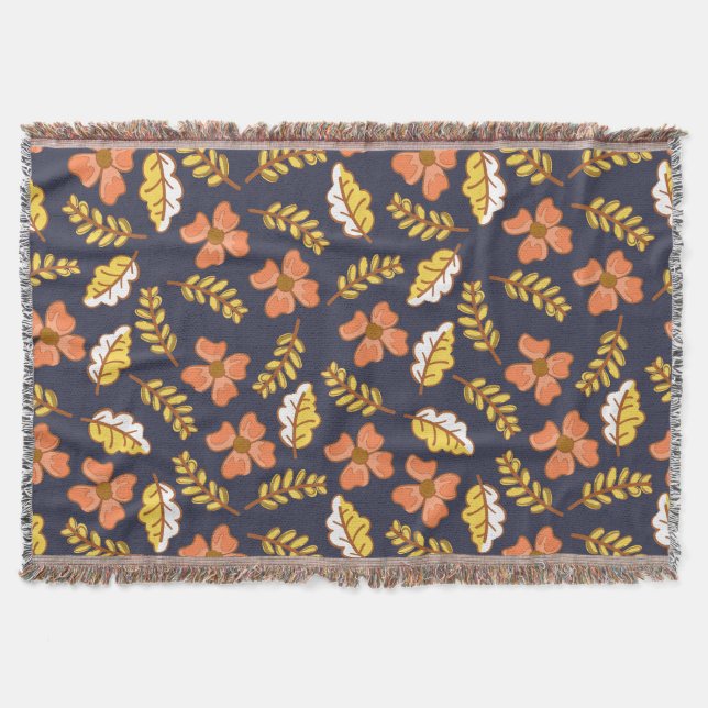 Warm Falling Autumn Leaves with Flowers Throw Blanket (Front)