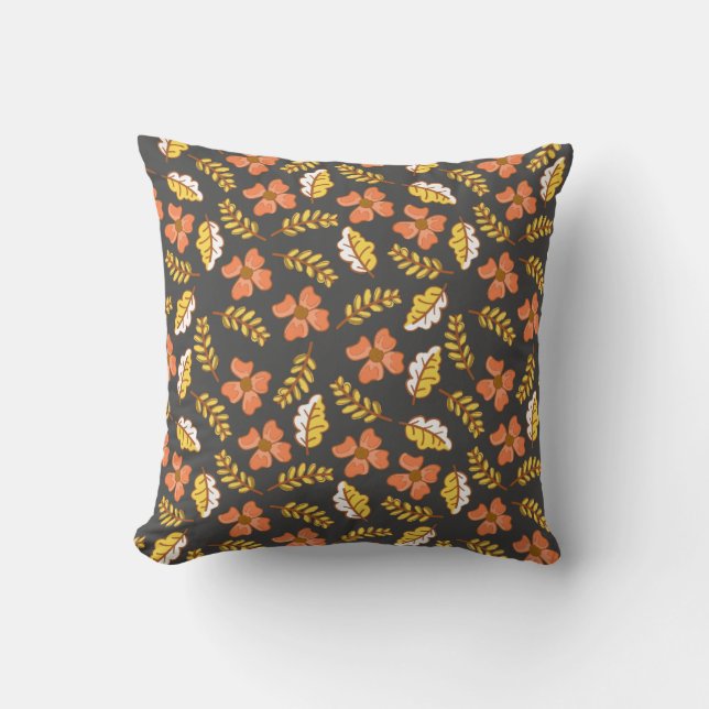 Warm Falling Autumn Leaves with Flowers Throw Pillow (Front)